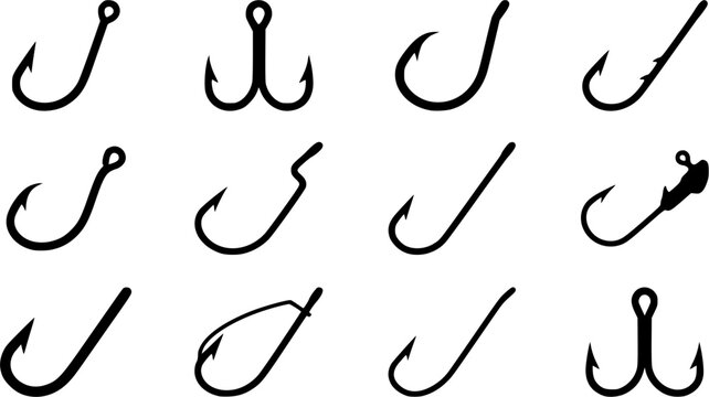 Fishing hook  silhouette icon set, flat black glyph style, pure white background