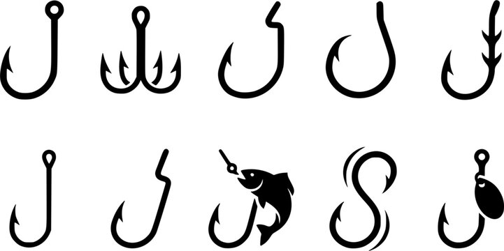 Fishing hook  silhouette icon set, flat black glyph style, pure white background