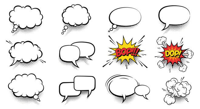 Set of comic book speech bubbles, thought clouds, and sound effects in pop art style for creative storytelling or graphic design projects.
