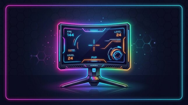 Futuristic Curved Gaming Monitor with Vibrant Neon RGB Lighting.