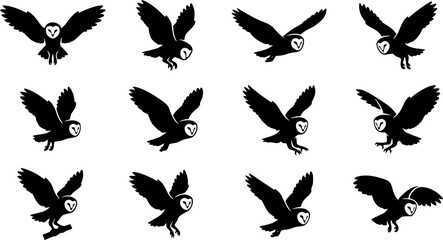 Fototapeta premium Barn owl silhouette icon set, flat black glyph style, pure white background
