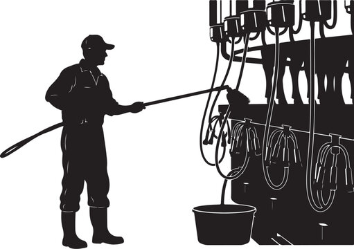 Man in silhouette cleaning horse stalls with hose and bucket
