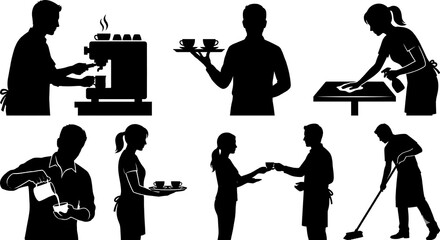 Obraz premium Barista and Cafe Staff Silhouettes Set