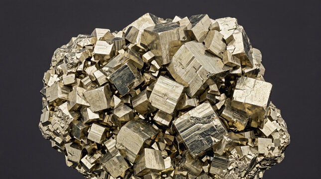 Macro close‑up of raw pyrite cluster with cubic crystal forms on solid dark grey background