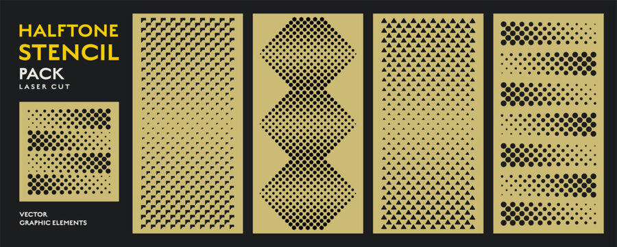 Halftone stencil laser cut patterns pack with various geometric holes in gold color blocks. Industrial decorative design and modern architecture elements