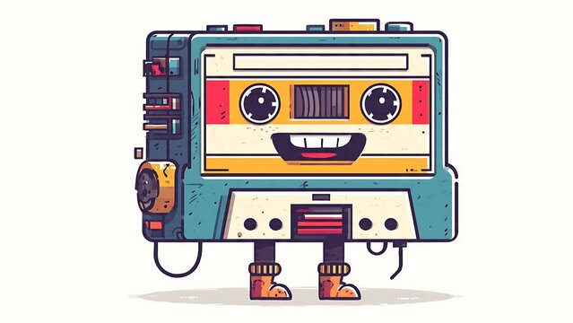 Cute cartoon illustration of a vintage toy train with smiling face.