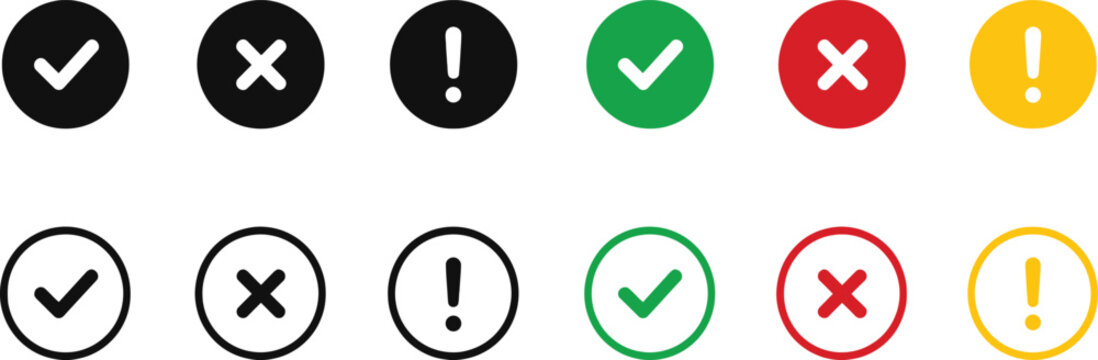 Check Mark Cross and Warning Exclamation Icons. Set Validation Approval Error Alert Symbols Vector Collection