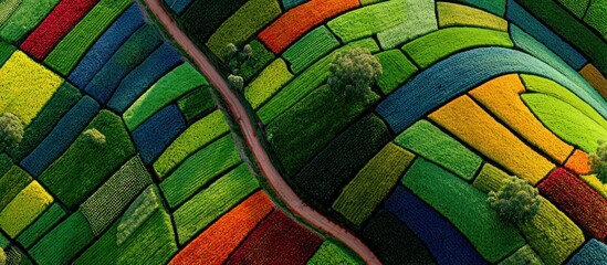 Fototapeta premium Aerial view of a patchwork of colorful fields with winding road