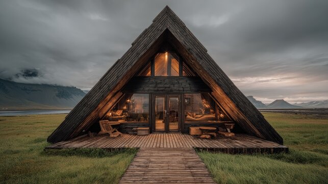 A frame cabin in a grassy field under cloudy skies for relaxation