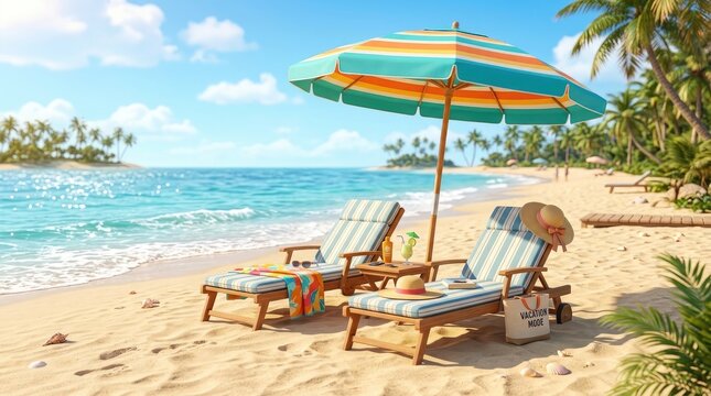 Beach vacation setup with lounge chairs and umbrella