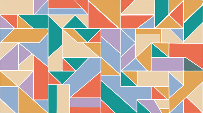 Abstract geometric tangram pattern with colorful shapes and dashed lines.