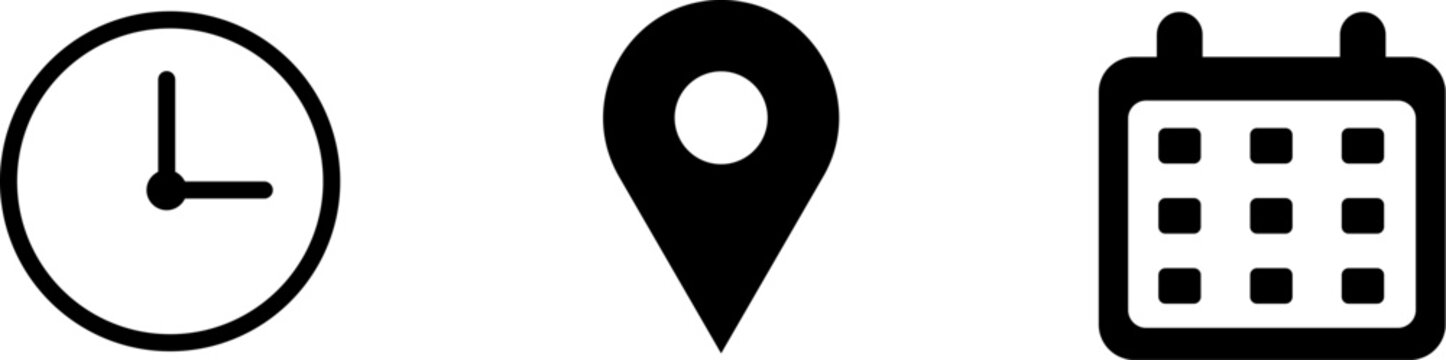 Time, address, and calender icon vector in flat style, Clock, pin map location, and calendar signs set.