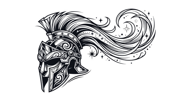 Black and white artistic illustration of a fierce warrior helmet with flowing hair and intricate design elements
