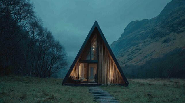 Modern a frame cabin in remote landscape illuminated at dusk or dawn