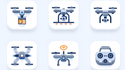 Fototapeta premium Modern flat drone icon collection featuring aerial delivery, camera drone, wireless connection, and remote controller in clean vector design.