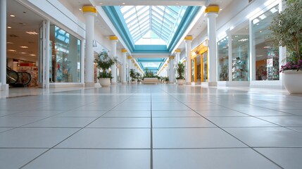 Naklejka premium Bright and airy modern shopping mall interior with natural light flooding through skylights