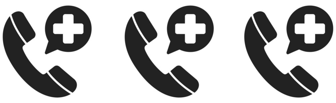 Medical emergency phone call icons with ambulance and first aid elements in modern flat style for healthcare communication, urgent support systems, and emergency response design, vector, designs