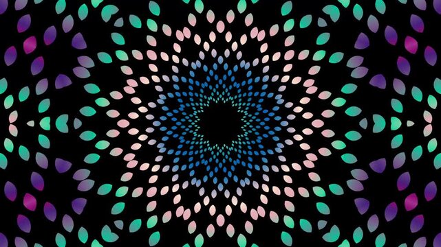 Colorful kaleidoscope droplets spiral outward from a dark center. hypnotic effect.