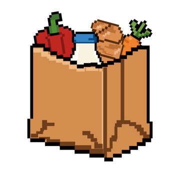Pixel art paper grocery bag filled with fresh produce in retro game style