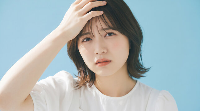 Distressed young Japanese woman holding her forehead with headache or fever expression