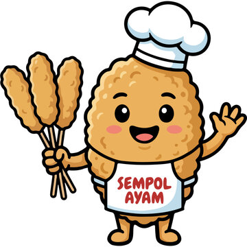 Cute Sempol Ayam Mascot Character Wearing Apron and Waving Hand, Fried Chicken Skewer Cartoon Vector