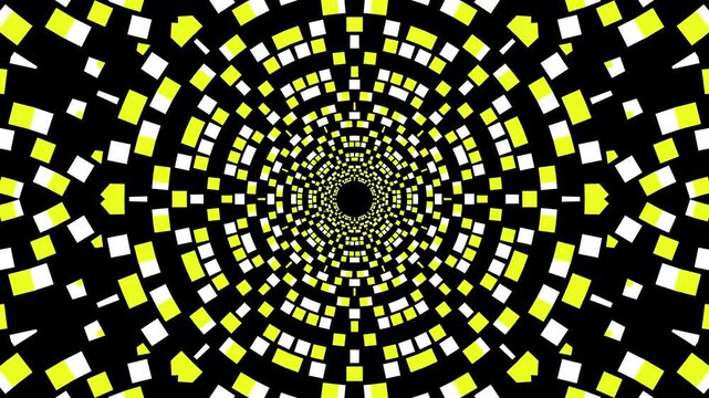 Black and yellow kaleidoscope squares swirl into a hypnotic tunnel. Pattern repeats endlessly, creating a dizzying vortex.