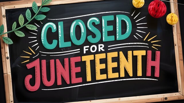 Closed for juneteenth celebration sign on blackboard with colorful text and decorations