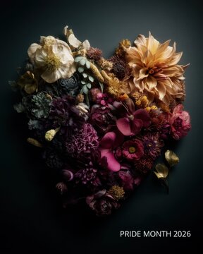 Pride month floral heart arrangement nature art dark background