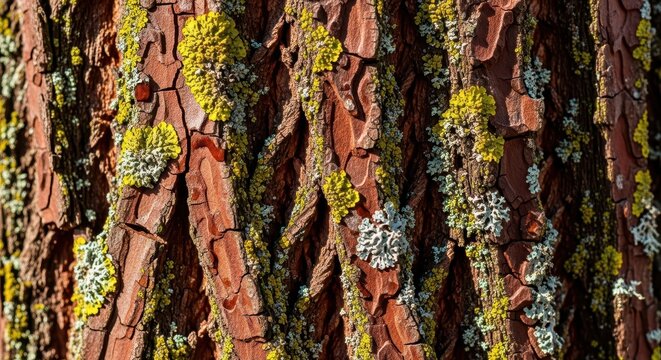 Close-up Texture of Tree Bark with Yellow and Grey Lichen Growth in Sunlight