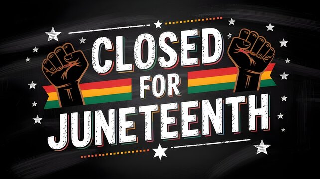 Closed for juneteenth sign with fists and stars on black background
