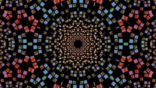 Black and colorful kaleidoscope squares swirl into a hypnotic tunnel. psychedelic motion.