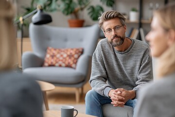 Therapist in session, listening intently to a client during a counseling or psychotherapy appointment