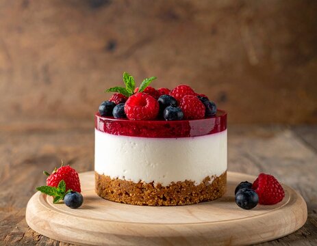 Delicious Icelandic skyr cake topped with fresh raspberries and blueberries on a wooden table