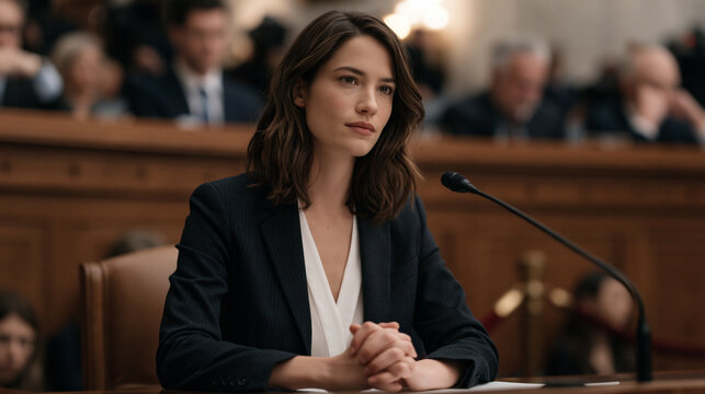 Nervous whistleblower in business attire sits before congressional committee microphone, hands clasped on witness table, senators peering over reading glasses from elevated
