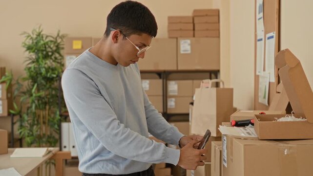 Man holding smartphone and scanning parcels while packing boxes in a small business building; focused entrepreneurship.