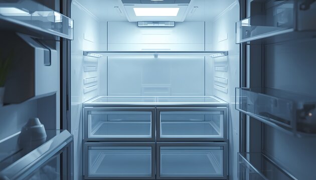 Empty Open Refrigerator Inside View with Bright LED Light Background Vector
