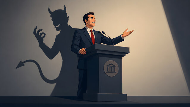 politician with devil shadow speaking at podium