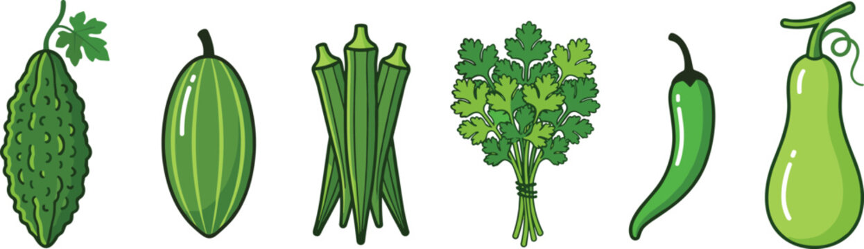 Flat Line Vector Icon Set Featuring Fresh Green Vegetables Bitter Melon Pointed Gourd Okra Coriander Green Chili and Bottle Gourd for Asian Cooking Designs