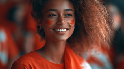 Fototapeta premium Smiling young woman with face paint and a red scarf, showing enthusiastic support at a sports event.