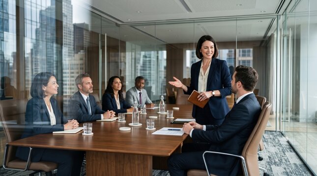 A confident businesswoman leads a diverse team meeting in a modern corporate boardroom, professionally captured, with a serious mood.