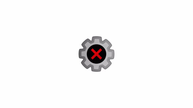 Critical system error glitch animation with gear symbol with red cross on transparent background ,critical system error animation with Alpha Channel in 4K