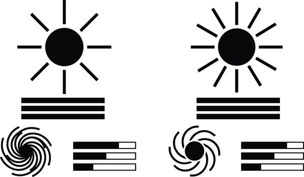 Collection of Solid Vector Weather and Klimatological Silhouette Icon Elements Featuring Sun Rays, Fog Lines, Hurricanes, and Status Bars for Infographic Graphic Design