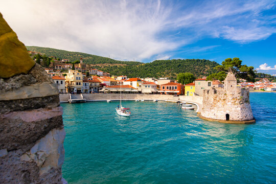 View of the port of Nafpaktos, Lepanto with the fortress and the entrance of the old Venetian harbor, Greece 
