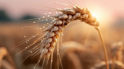 Obraz premium Golden Wheat Stalk with Dew Drops in Morning Sunlight, Agriculture and Harvest Concept