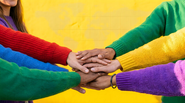 Diverse group of people stacking hands together in unity