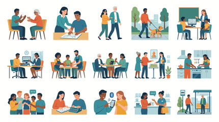 Fototapeta premium A comprehensive collection of diverse people engaging in various daily life activities and social interactions, including work, education, family, and community.