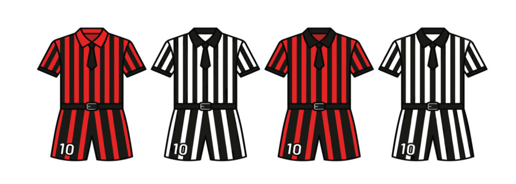Referee sports uniform striped jersey vector set. Black red white striped collared shirts, necktie belts matching shorts, number ten athletic official gear and game tournament umpire icons.