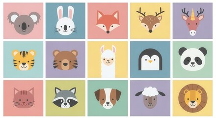 Naklejka premium Cute Animal Faces Collection Flat Vector Illustration Set for Kids and Nursery Decor - 15 Minimalist Icons