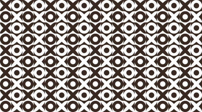 Seamless geometric pattern with black and white XO letters and circle shapes. Abstract monochrome grid background.