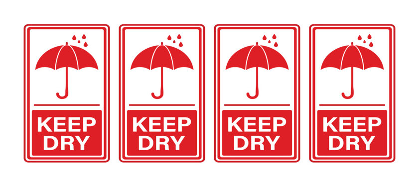 Keep dry packaging warning sign vector set. Red cargo handling umbrella stickers, industrial logistics protection labels, rain water restriction boards and shipping delivery storage indicators.